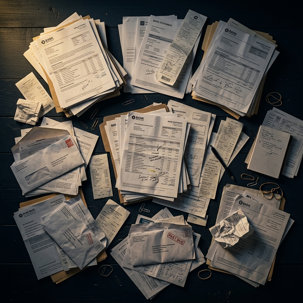 Documentos financeiros e extratos bancários espalhados, representando a confusão de um processo por fraude bancária