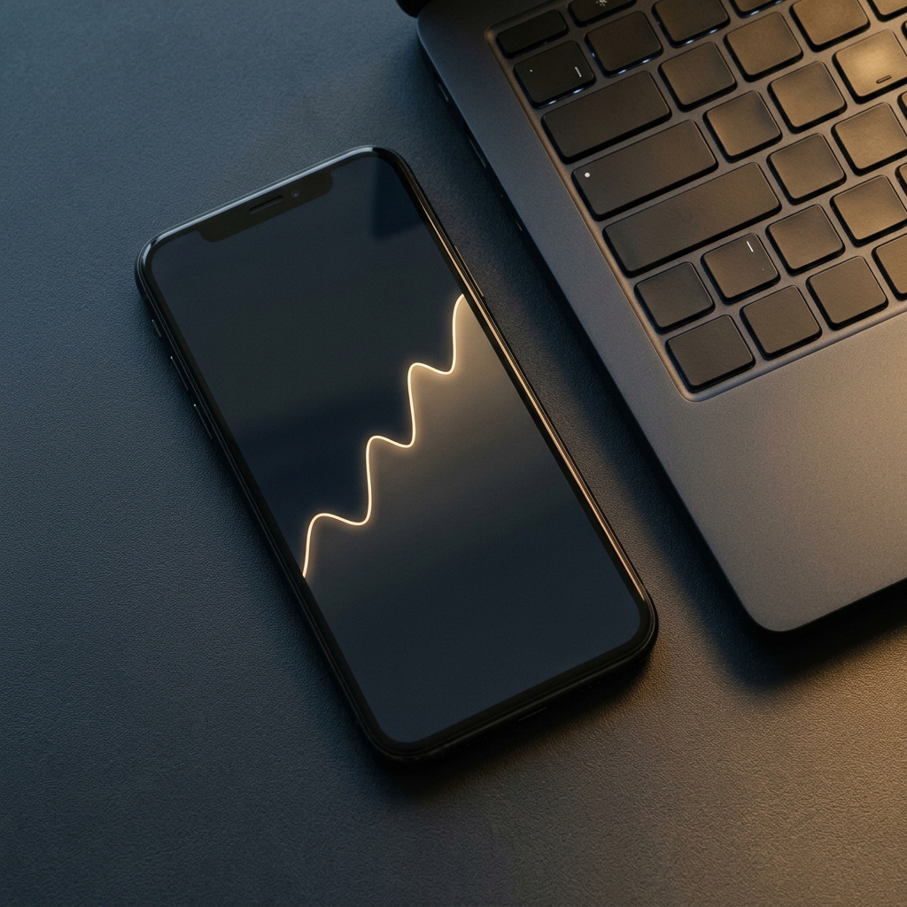 Smartphone exibindo gráfico sutil ao lado de teclado de laptop sobre superfície escura com reflexo dourado