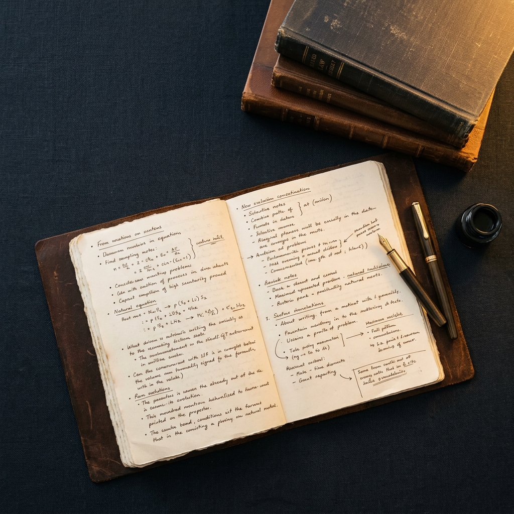 Caderno encadernado em couro aberto com anotações manuais, caneta tinteiro e livros jurídicos sobre superfície escura