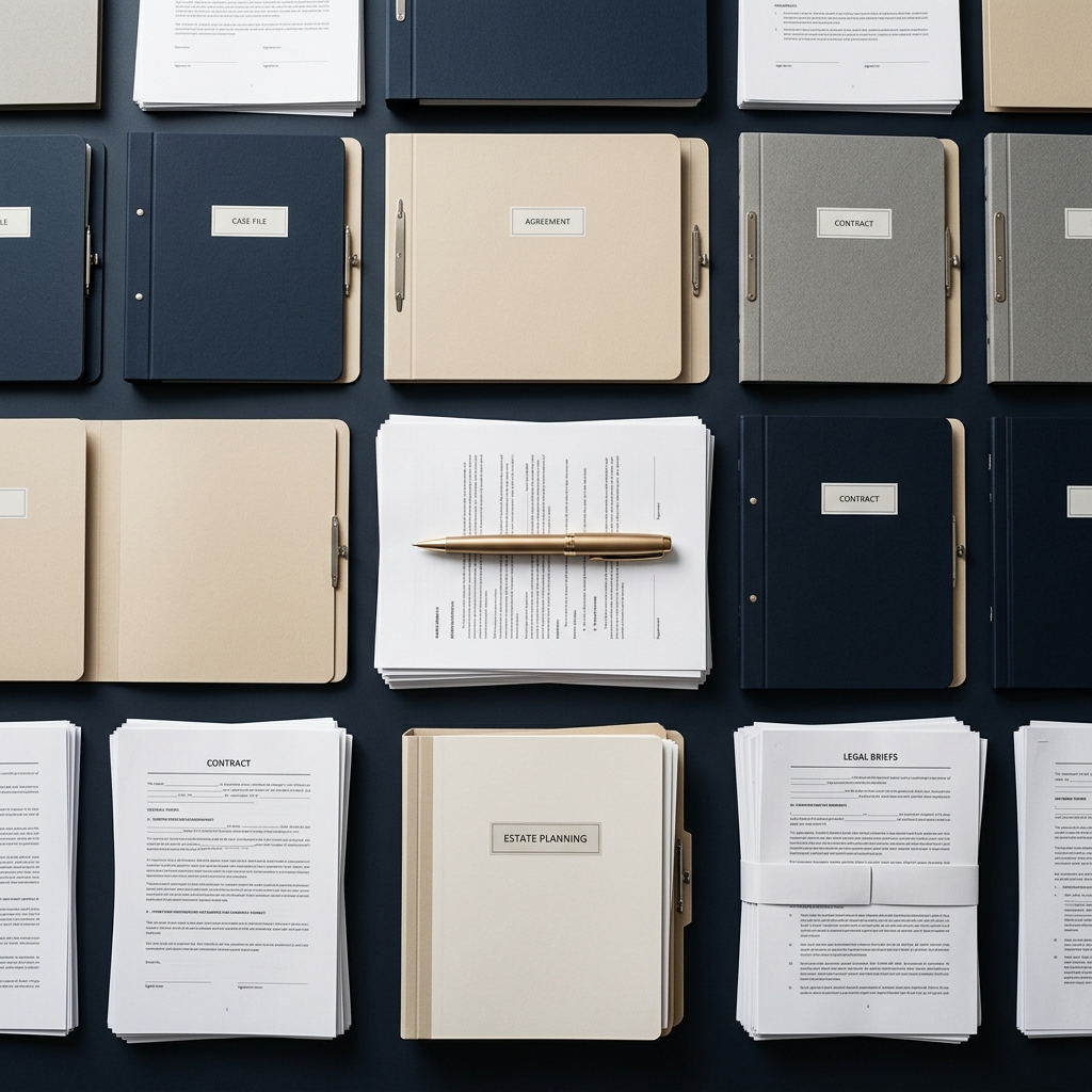 Documentos jurídicos e pastas impecavelmente organizados, representando controle e estratégia técnica